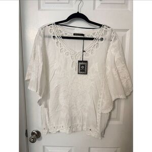 Spiaggia Dolce White Cotton Embroidered Boho Top Medium NWT